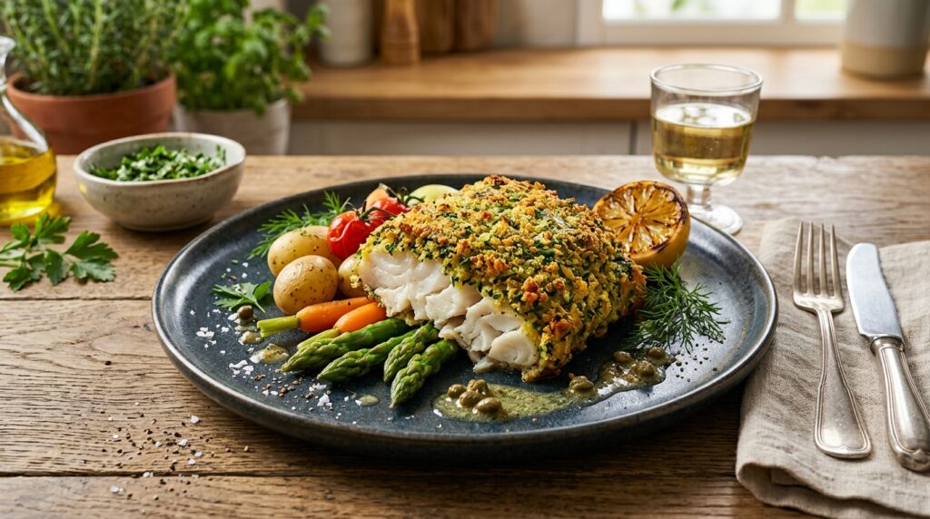 Filet de lieu jaune en croûte d'herbes vapeur | Recette saine