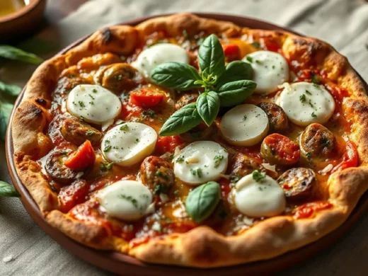 Une pizza pesto mozzarella pleine de légumes grillés
