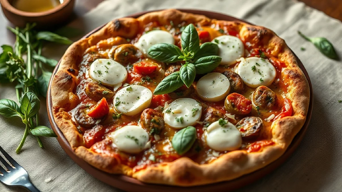 Une pizza pesto mozzarella pleine de légumes grillés